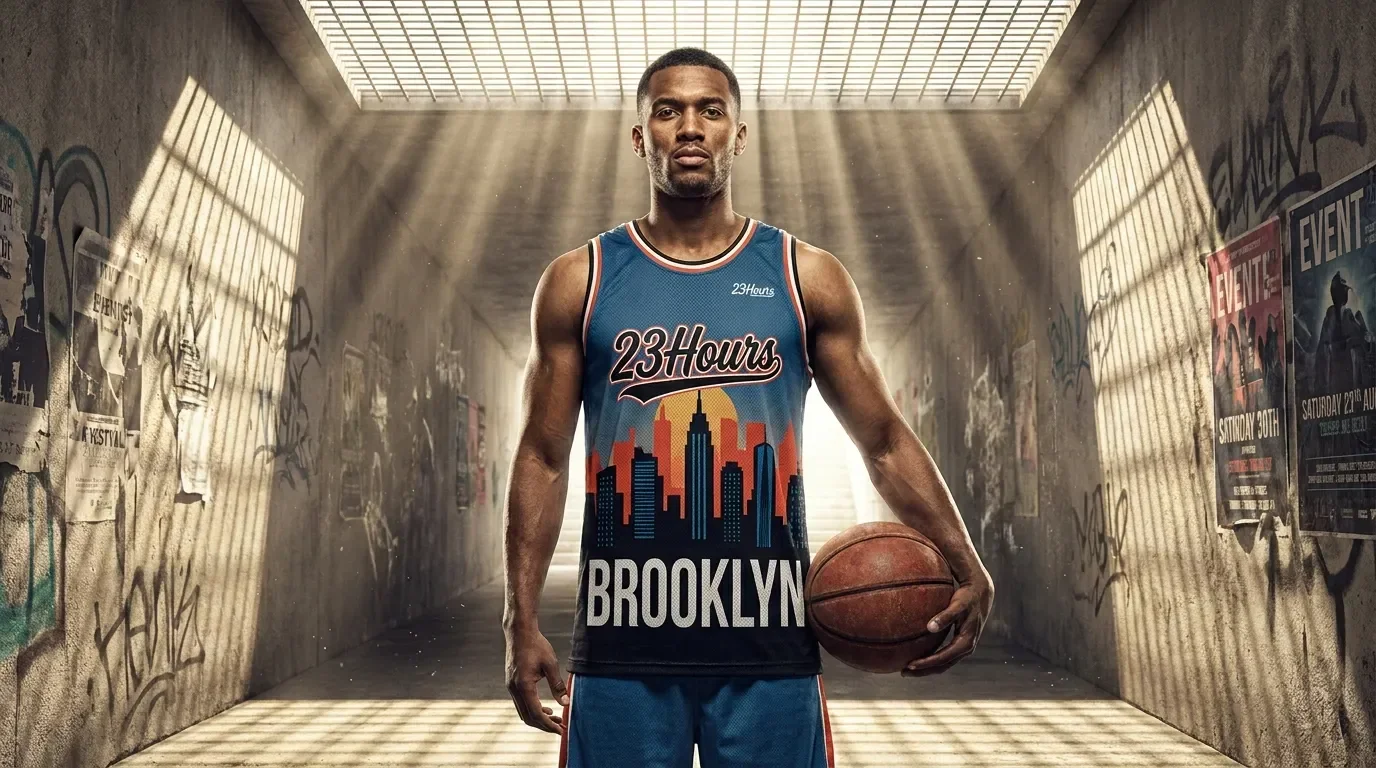 Athlete wearing 23Hours exclusive basketball jersey in stadium tunnel