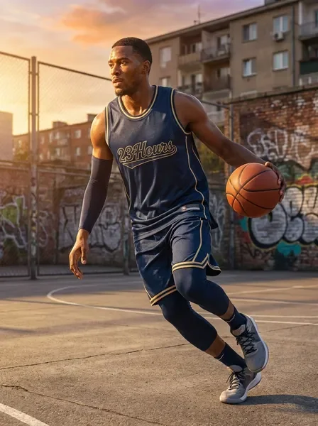 Athlete wearing 23Hours basketball jersey on urban court