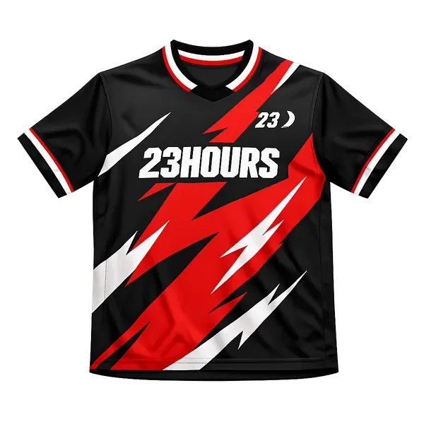 Product shot of 23Hours football jersey with bold graphic design